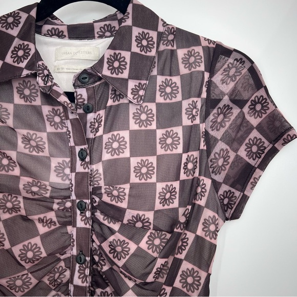 Urban Outfitters Riko Mesh Button Front Mini Dress Ruched Floral Bodycon XS - Picture 9 of 13